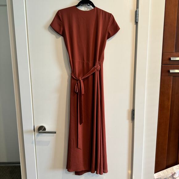 Babaton Aritzia Slit Wrap Dress Brown V-Neck Waist Tie Short Sleeve Sz XS - Picture 3 of 6